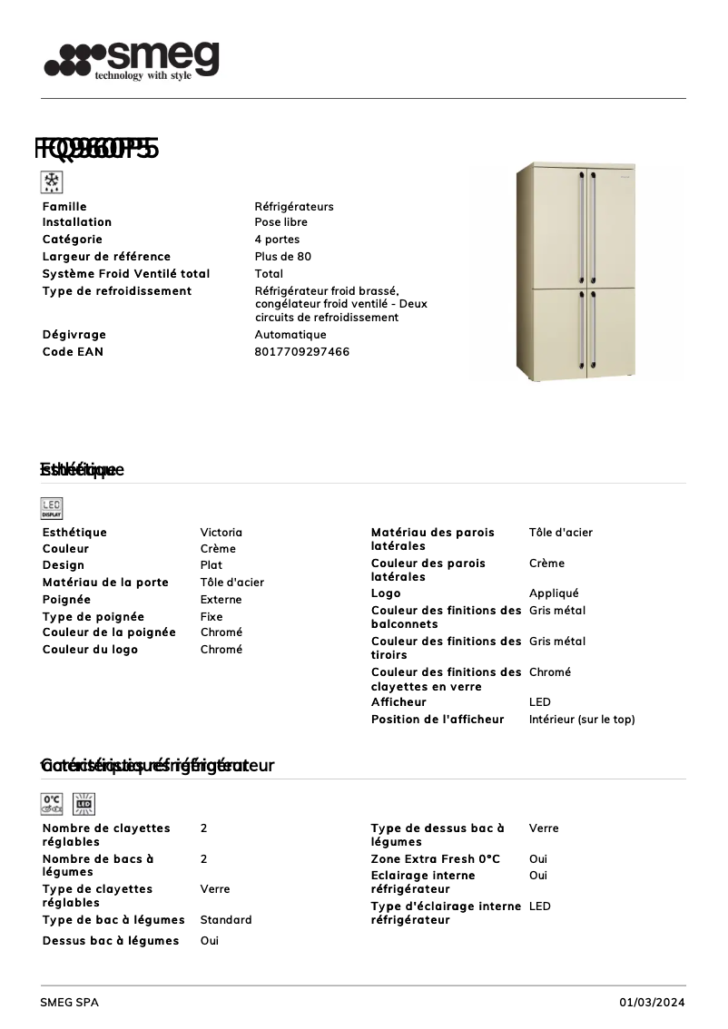 Page 1 de la notice Fiche technique Smeg FQ960P5