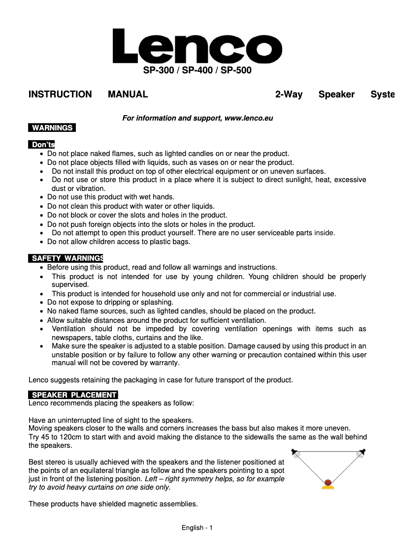 Page 1 de la notice Manuel utilisateur Lenco SP-500