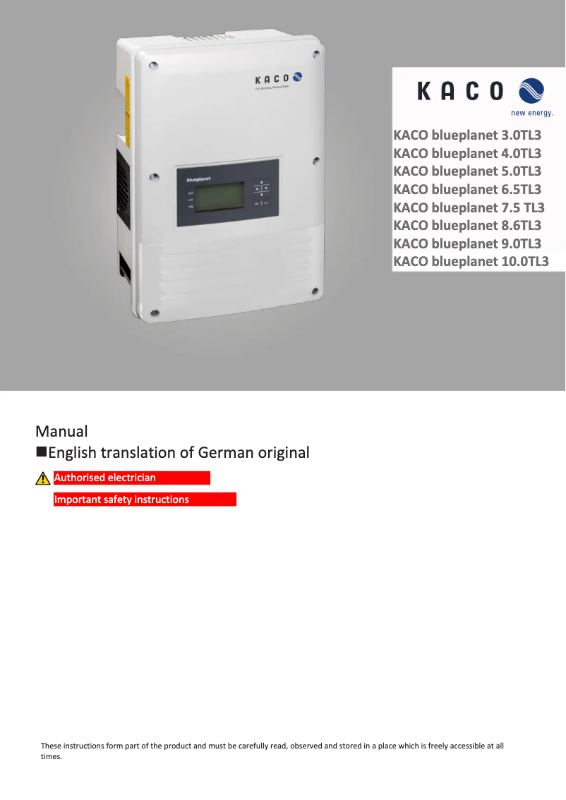 Page 1 de la notice Manuel utilisateur Kaco blueplanet 6.5 TL3