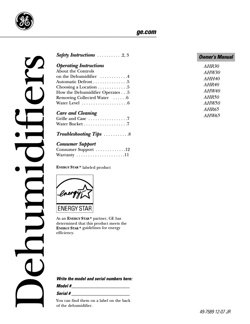 Page 1 de la notice Manuel d'utilisation et d'entretien GE AHR30LL