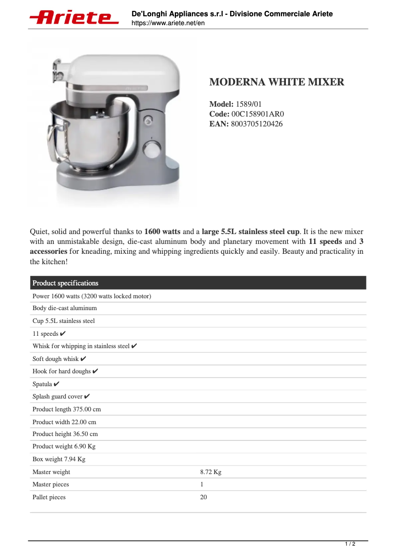 Page 1 de la notice Fiche technique Ariete Impastatrice Moderna 1589