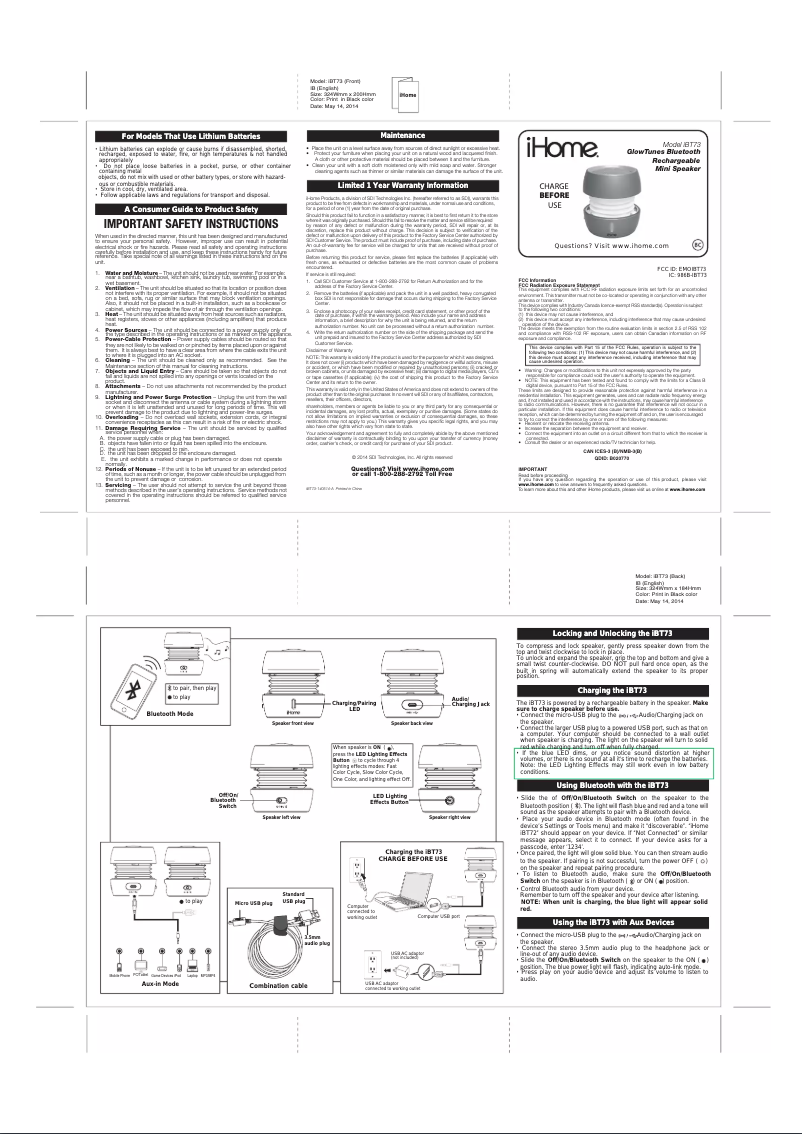Image de la première page du manuel de l'appareil iBT73