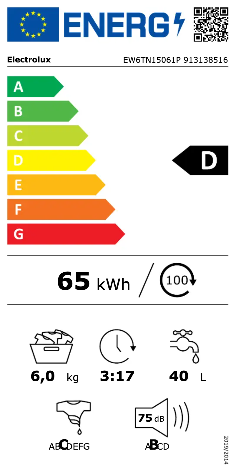 Page n°1 - Label énergétique Electrolux EW6TN15061P