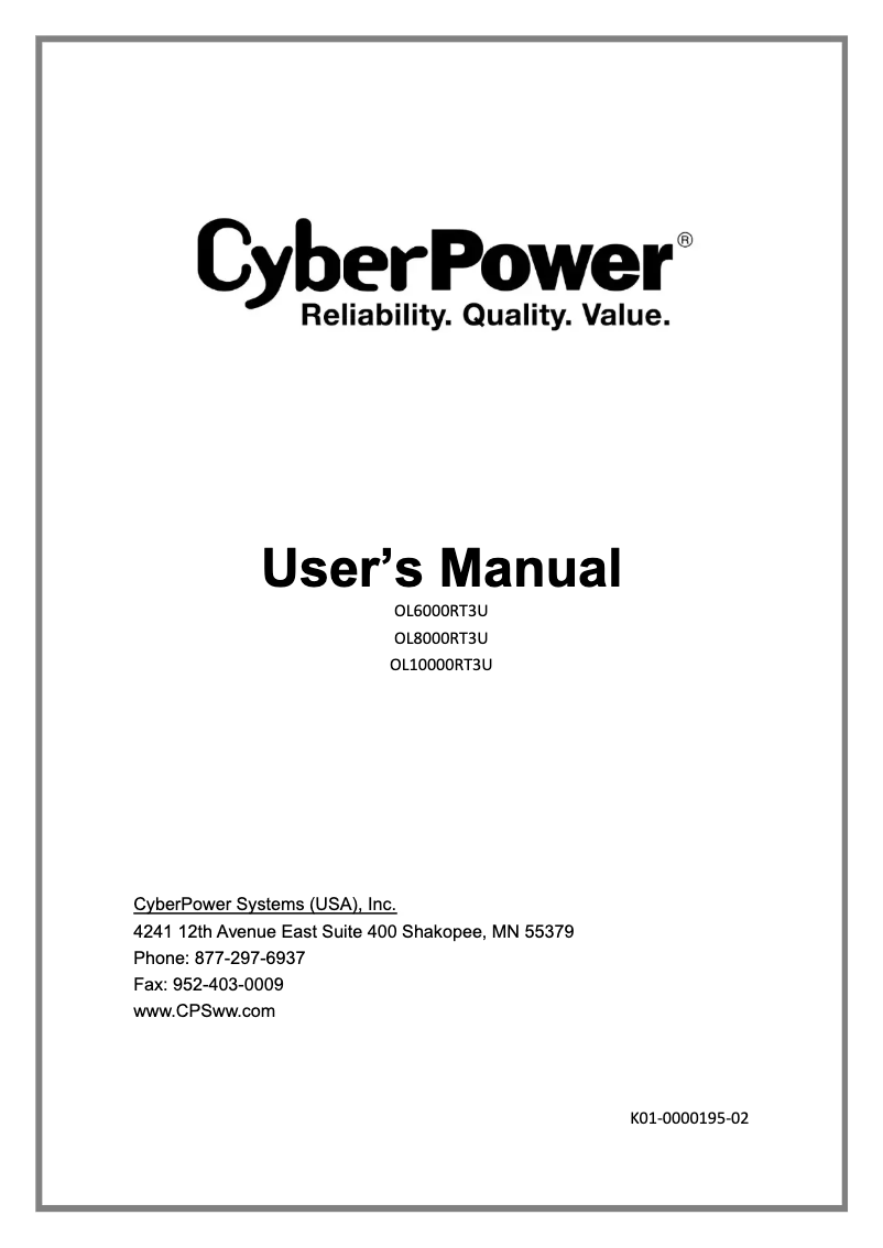 Page n°1 - Manuel utilisateur CyberPower OL10000RT3U
