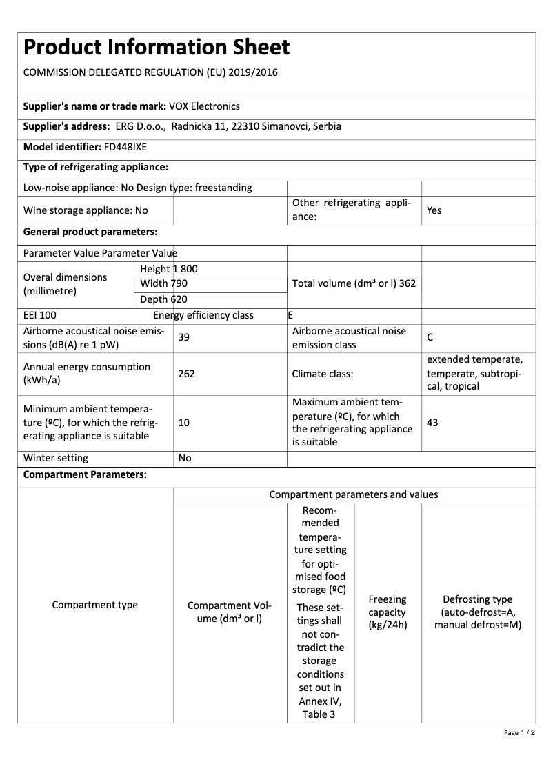 Page 1 de la notice Fiche technique VOX FD 448 IXE