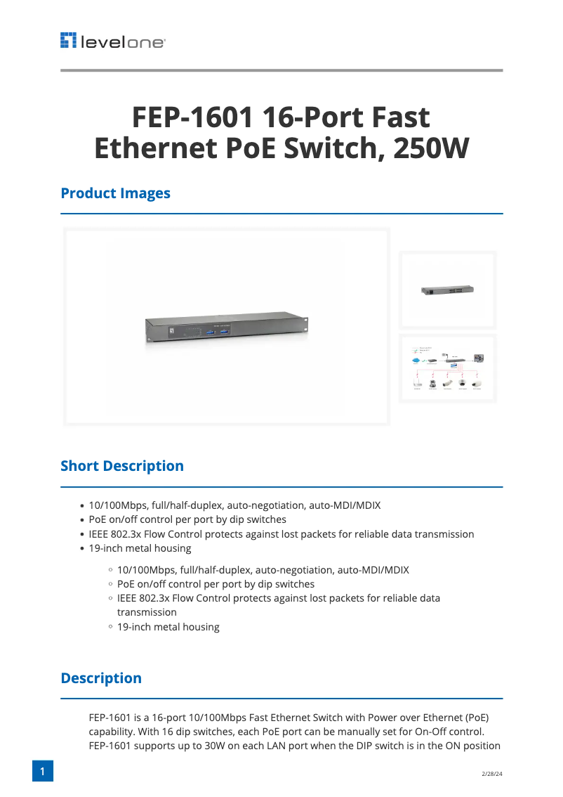 Page 1 de la notice Fiche technique LevelOne FEP-1601