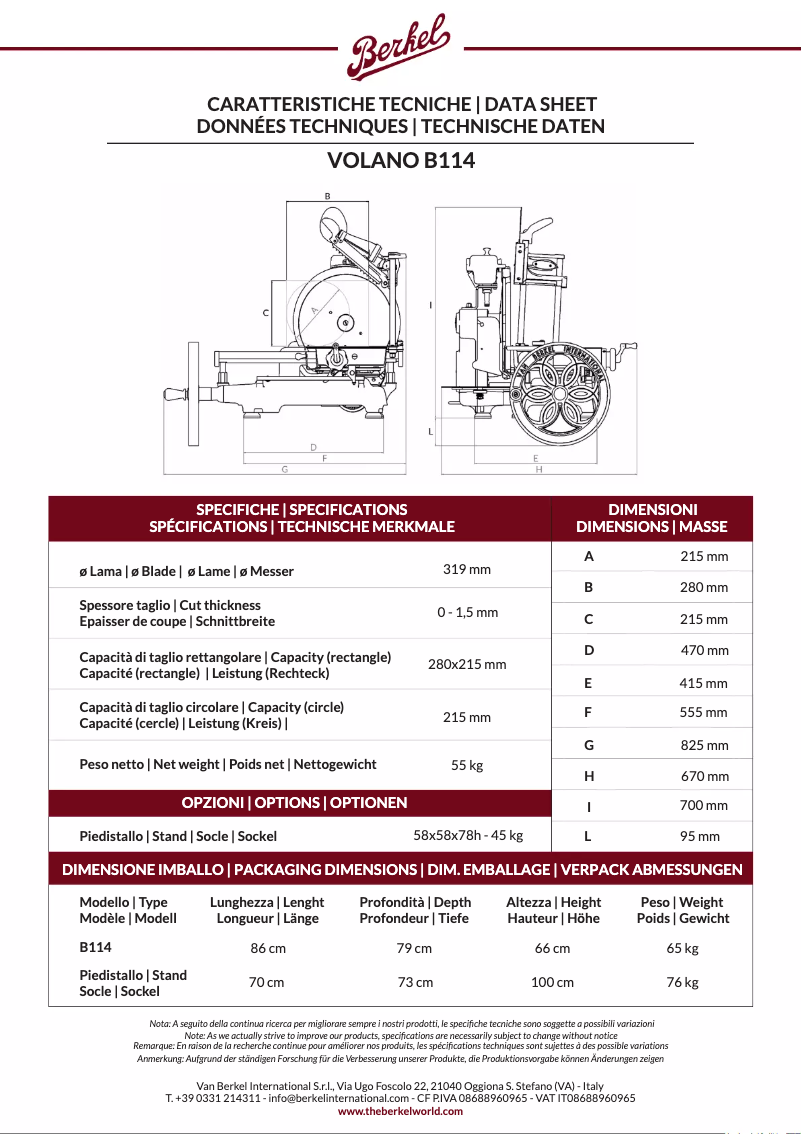 Page 1 de la notice Fiche technique Berkel Volano B114
