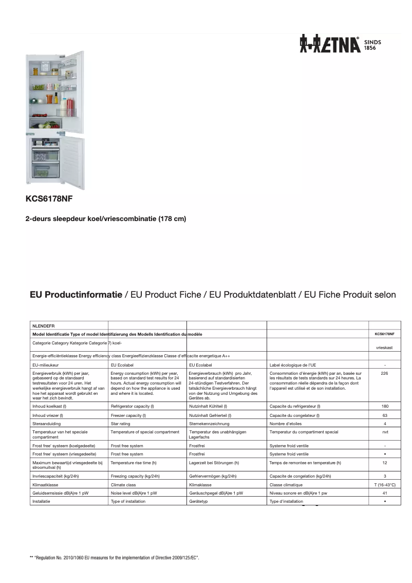 Page 1 de la notice Fiche technique Etna KCS6178NF