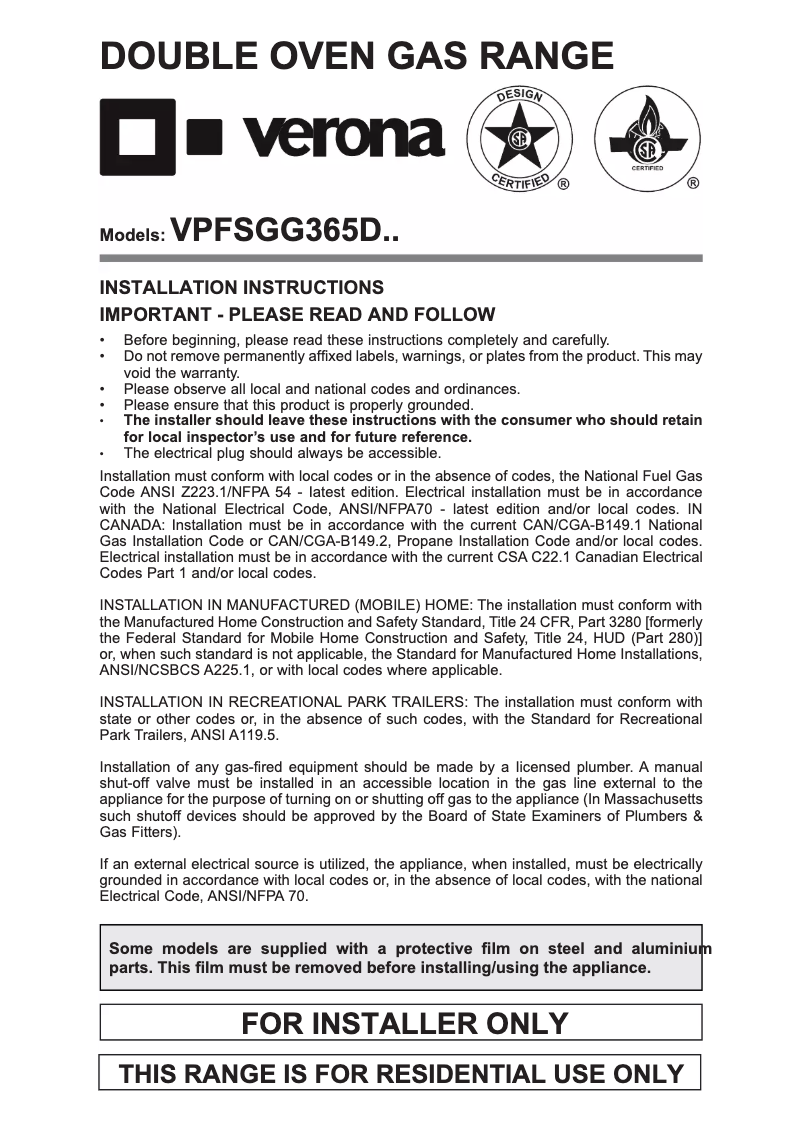 Page n°1 - Guide d'installation Verona VPFSGG365DW