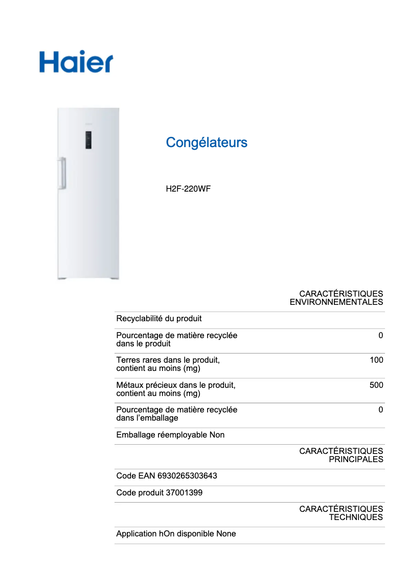 Page n°1 - Label énergétique Haier H2F-220WF