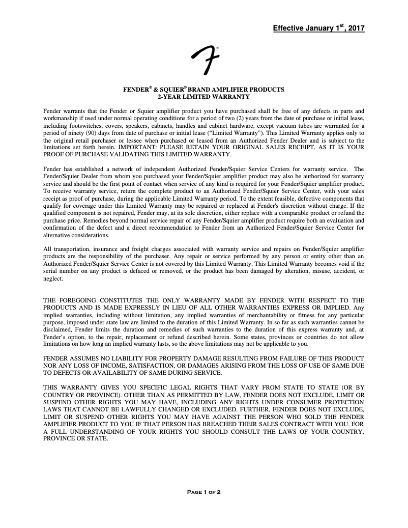 Page n°1 - Informations de garantie Fender Rumble Studio 40