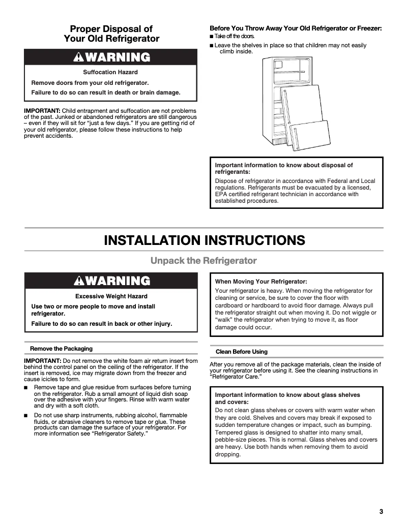 Page n°1 - Guide d'installation Whirlpool WRT108FZD