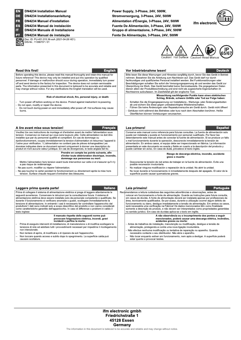 Page n°1 - Manuel utilisateur IFM DN4234