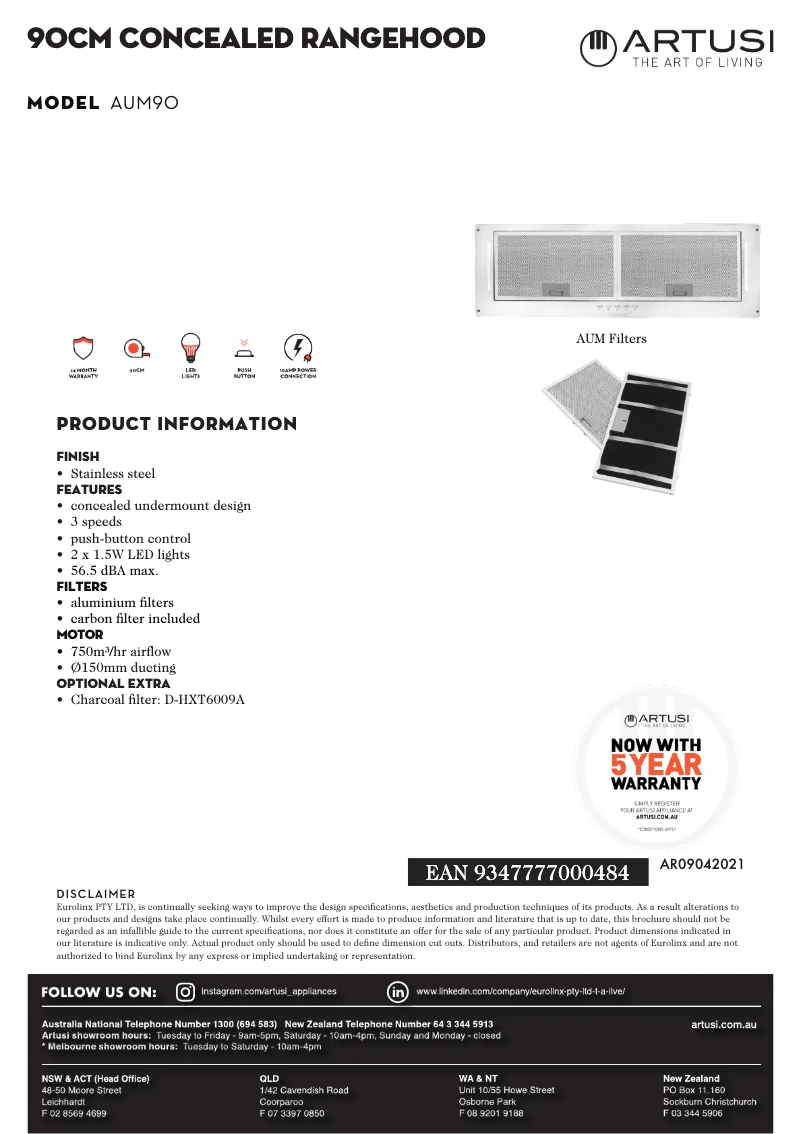 Page 1 de la notice Fiche technique Artusi AUM90