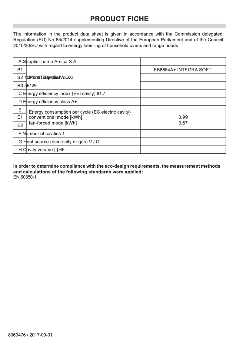 Page n°1 - Manuel utilisateur Amica EB8854A+ Integra Soft