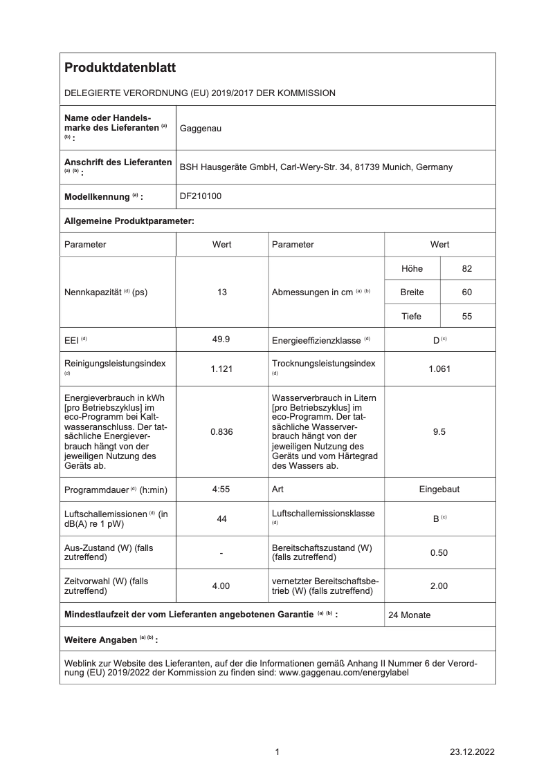 Page 1 de la notice Fiche technique Gaggenau DF210100