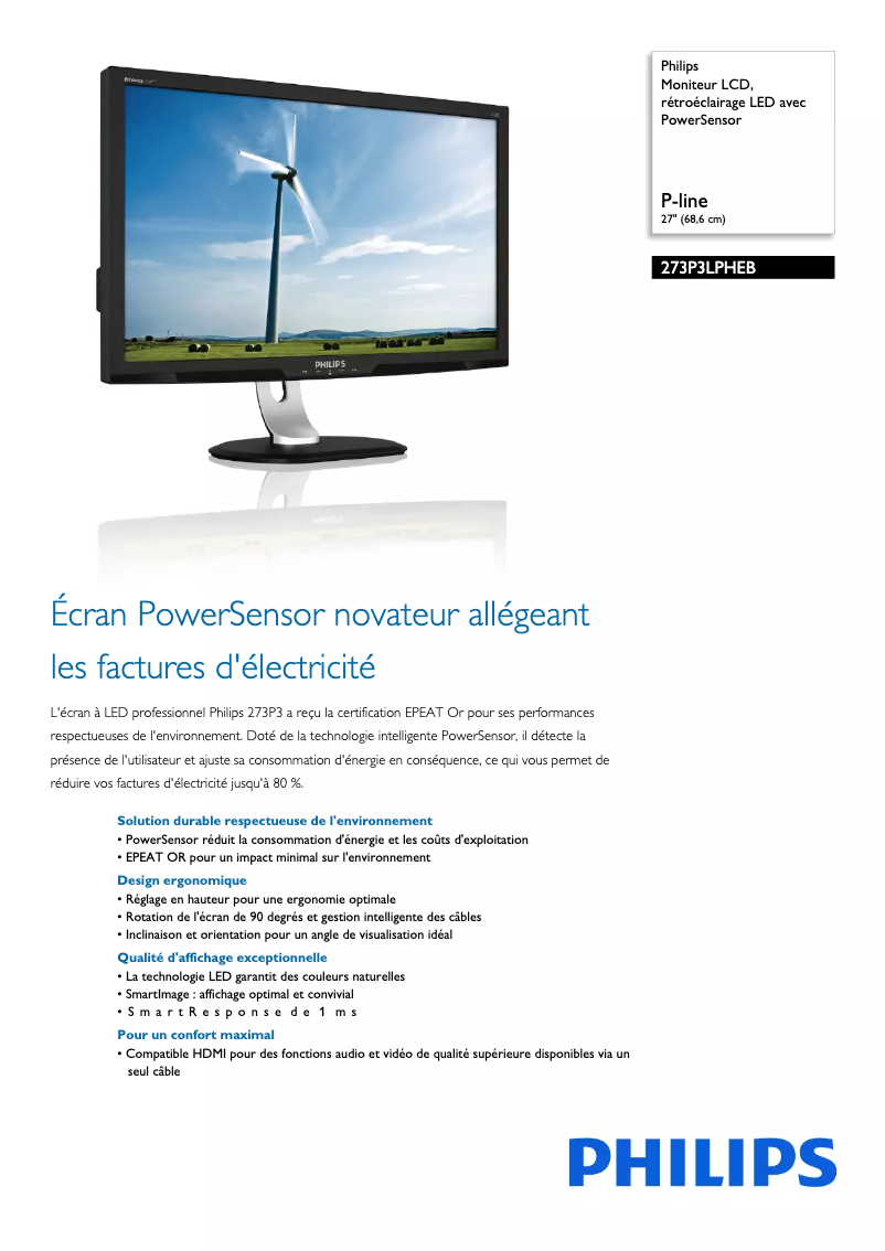 Page 1 de la notice Fiche technique Philips 273P3LPHEB