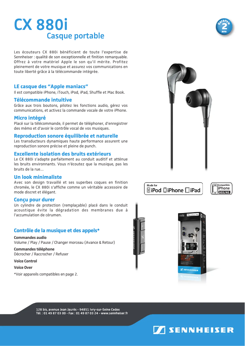 Page 1 de la notice Fiche technique Sennheiser CX 880i