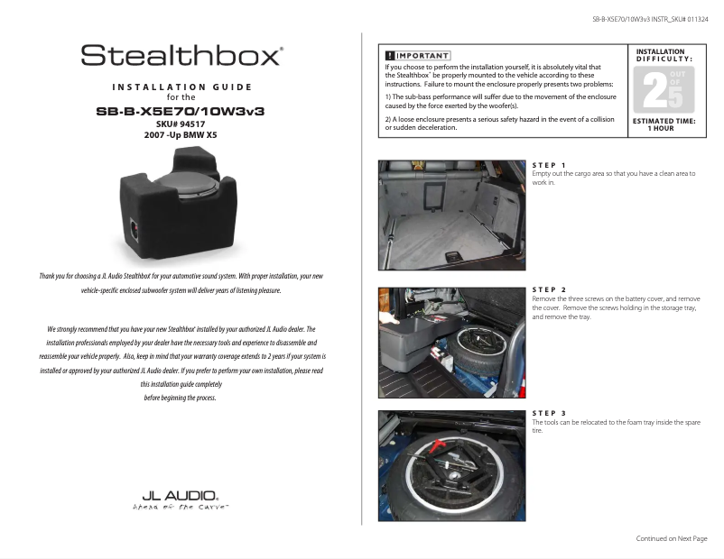 Page 1 de la notice Manuel utilisateur JL Audio Stealthbox SB-B-X5E70/10W3v3