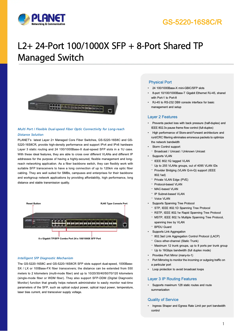 Page n°1 - Fiche technique Planet GS-5220-16S8C