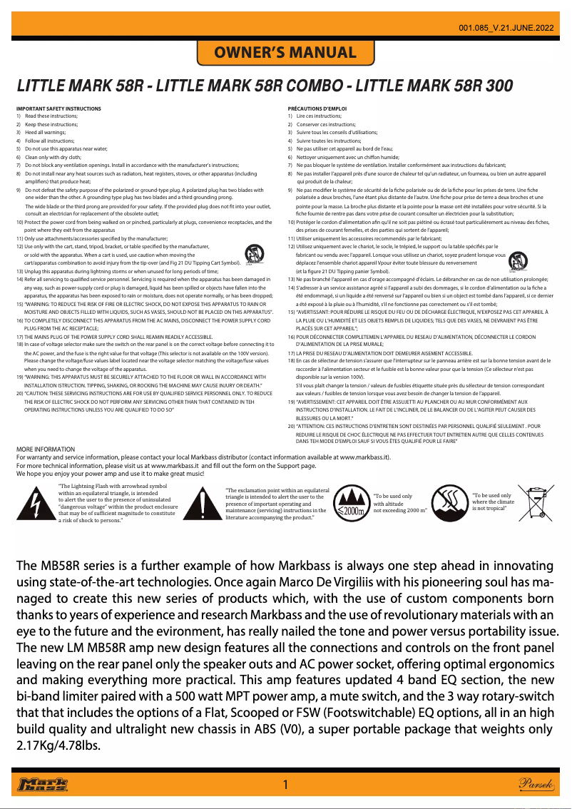 Page 1 de la notice Manuel utilisateur Markbass MB58R CMD 102 Pure