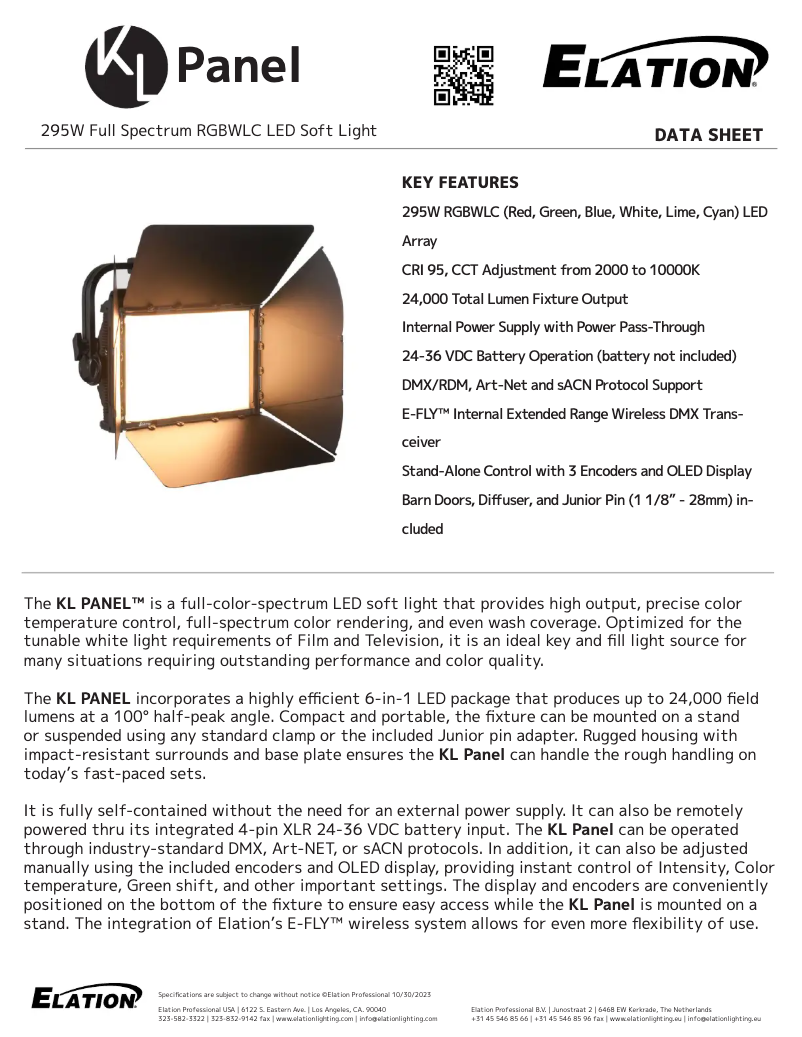 Page 1 de la notice Fiche technique Elation KL Panel