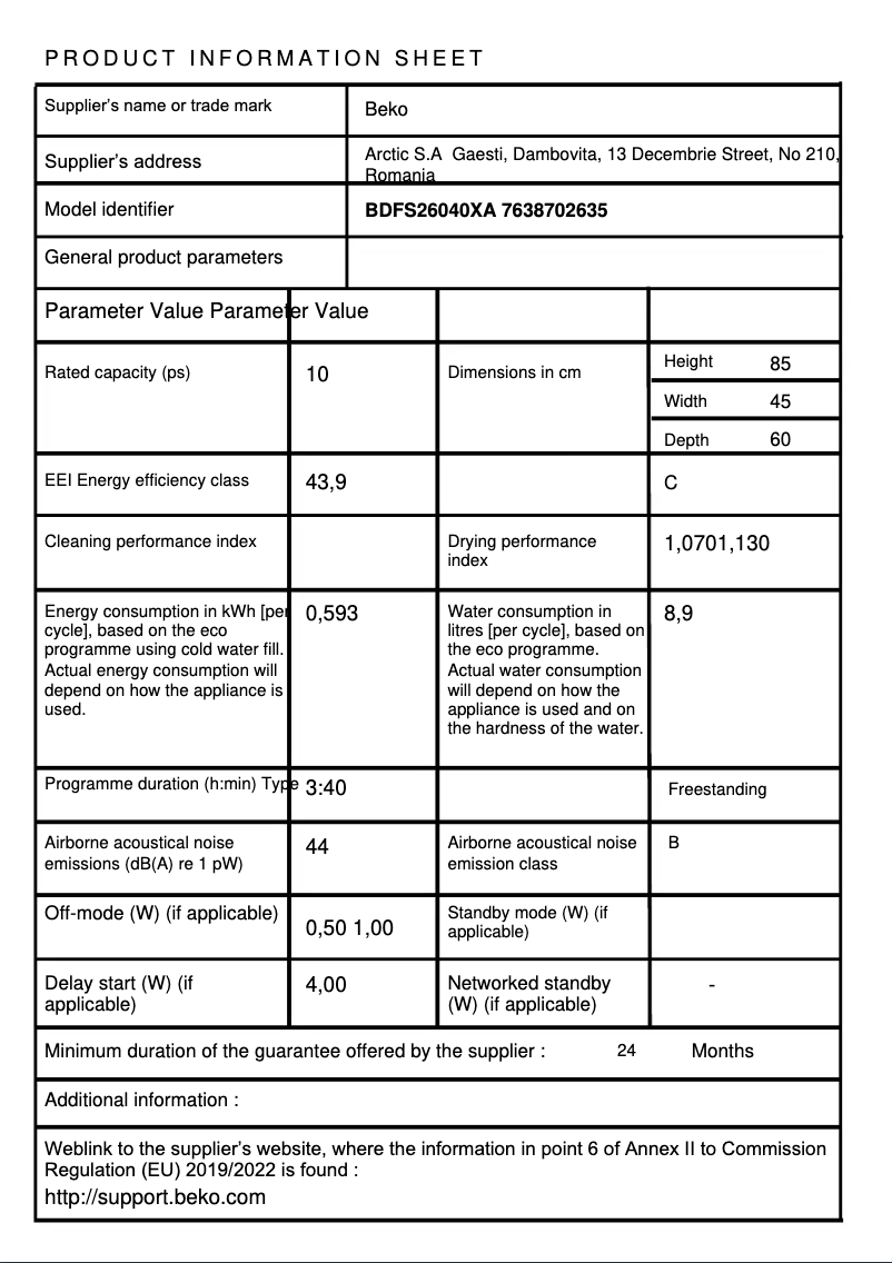 Page 1 de la notice Fiche technique Beko BDFS26040XA