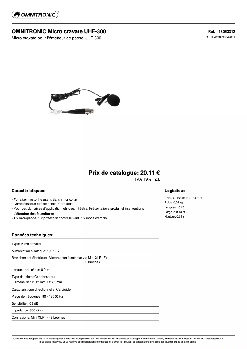 Page n°1 - Fiche technique Omnitronic UHF-300