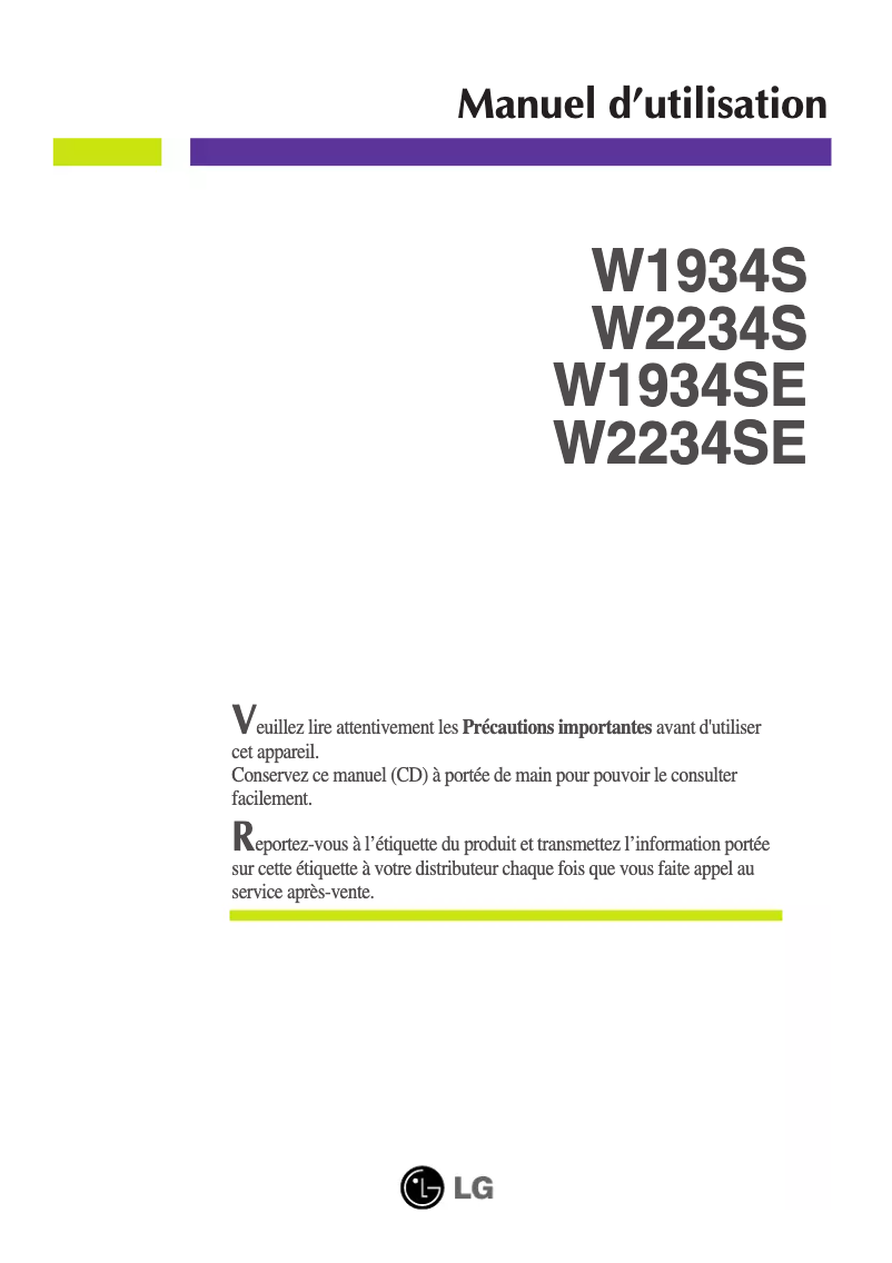 Page 1 de la notice Manuel utilisateur LG W2234S