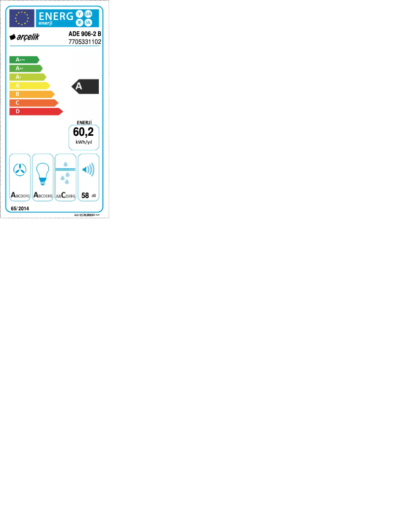 Page 1 de la notice Label énergétique Arçelik ADE 906-2 B