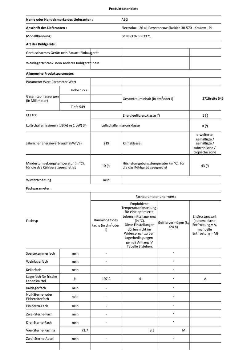 Page n°1 - Fiche technique AEG G18ES3