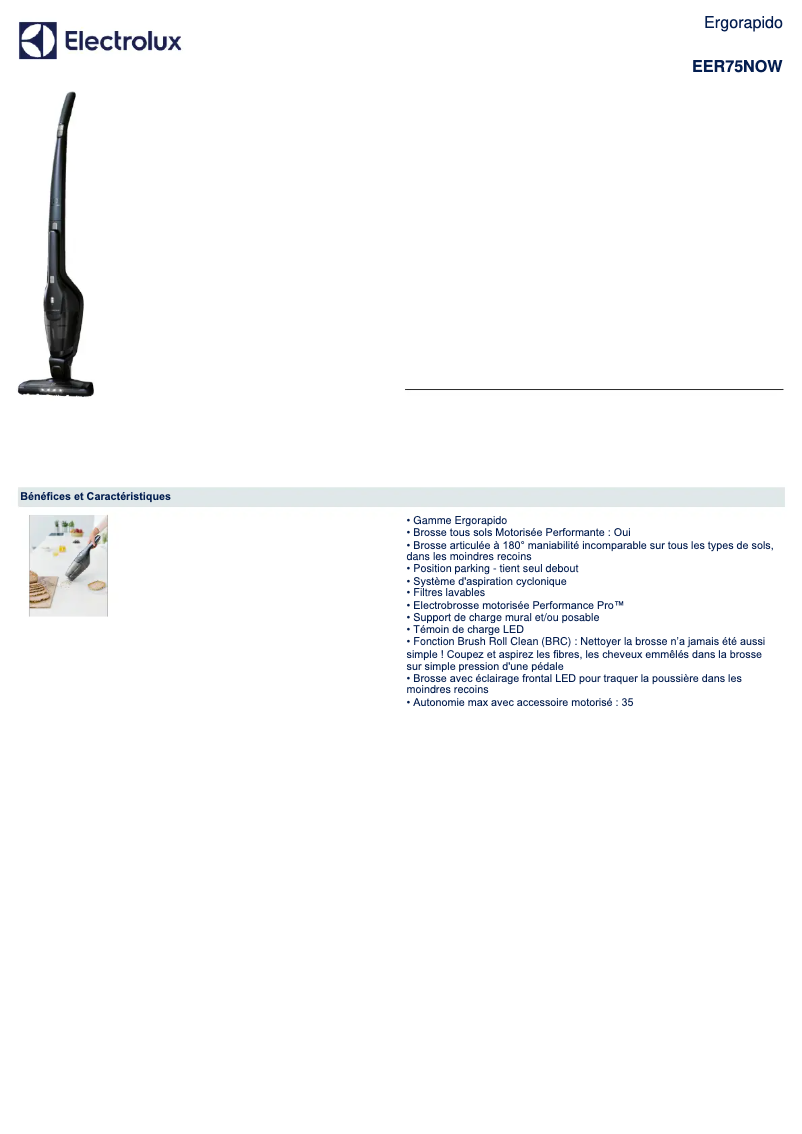 Page 1 de la notice Fiche technique Electrolux Ergorapido EER75NOW