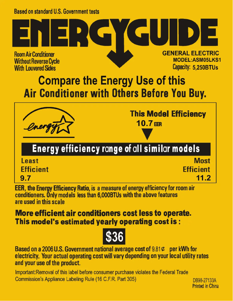 Page n°1 - Label énergétique GE ASM05LK