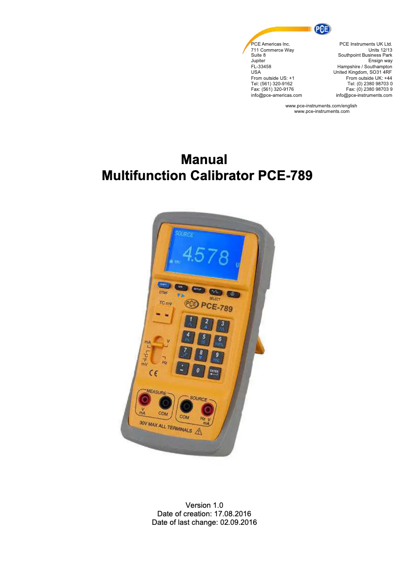 Page n°1 - Manuel utilisateur PCE Instruments PCE-789