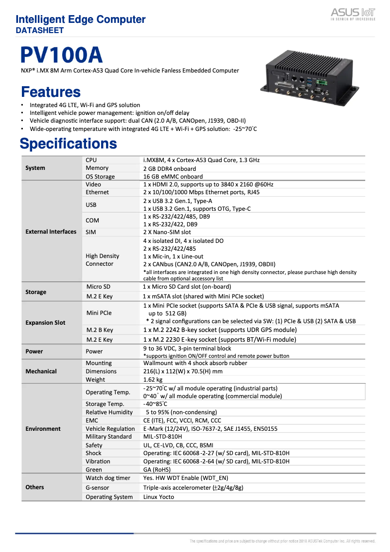 Page 1 de la notice Fiche technique Asus PV100A