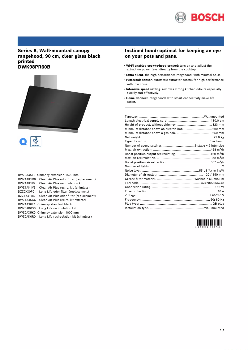 Page 1 de la notice Fiche technique Bosch Serie 8 DWK98PR60B