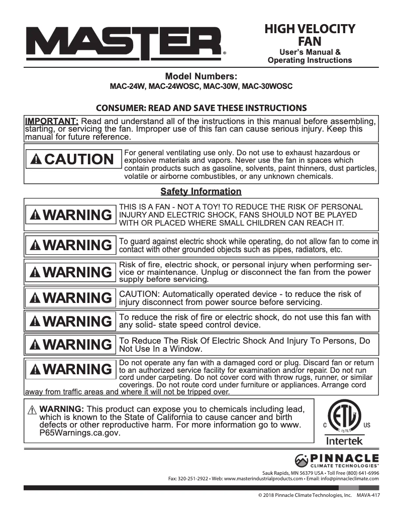 Page 1 de la notice Manuel utilisateur Master MAC-24WOSC