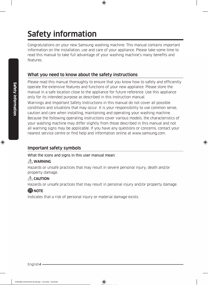 Page 1 de la notice Guide de démarrage rapide Samsung WW80K4430YW