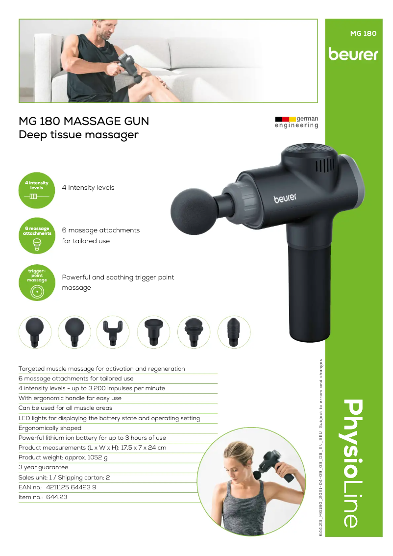 Page 1 de la notice Fiche technique Beurer MG 180