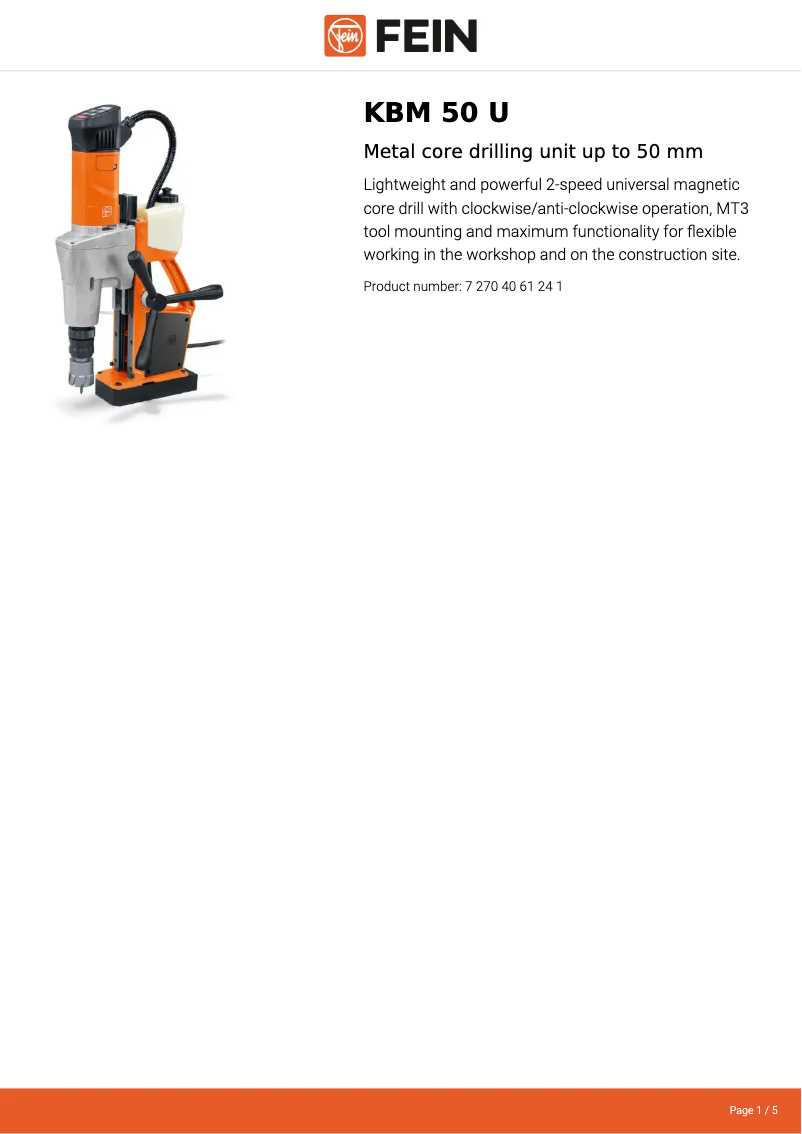 Page 1 de la notice Fiche technique Fein KBM 50 U