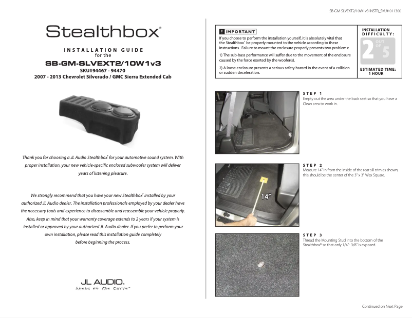 Page 1 de la notice Manuel utilisateur JL Audio Stealthbox SB-GM-SLVEXT2/10W1v3/DG