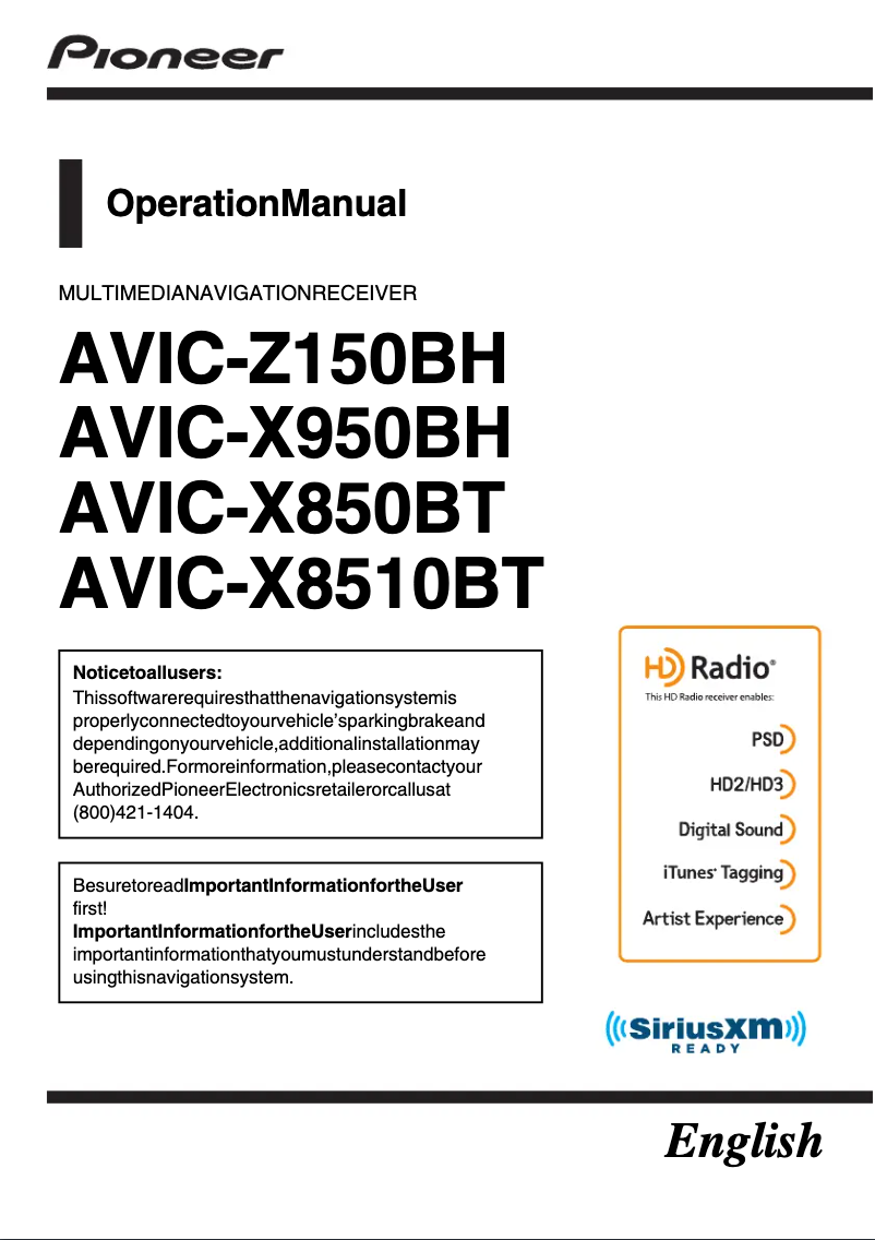 Page n°1 - Manuel utilisateur Pioneer AVIC-X8510BT