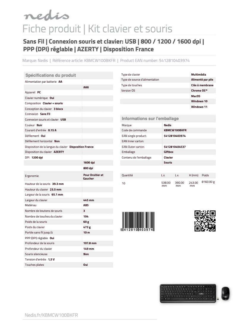 Page 1 de la notice Fiche technique Nedis KBMCW100BKFR