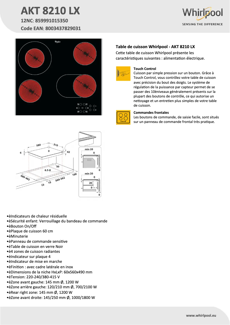 Page 1 de la notice Fiche technique Whirlpool AKT 8210 LX