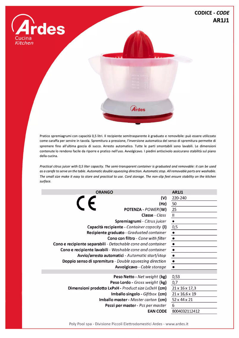 Page n°1 - Fiche technique Ardes AR1J1