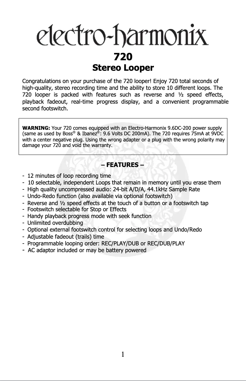 Page 1 de la notice Manuel utilisateur Electro Harmonix 720 Stereo Looper