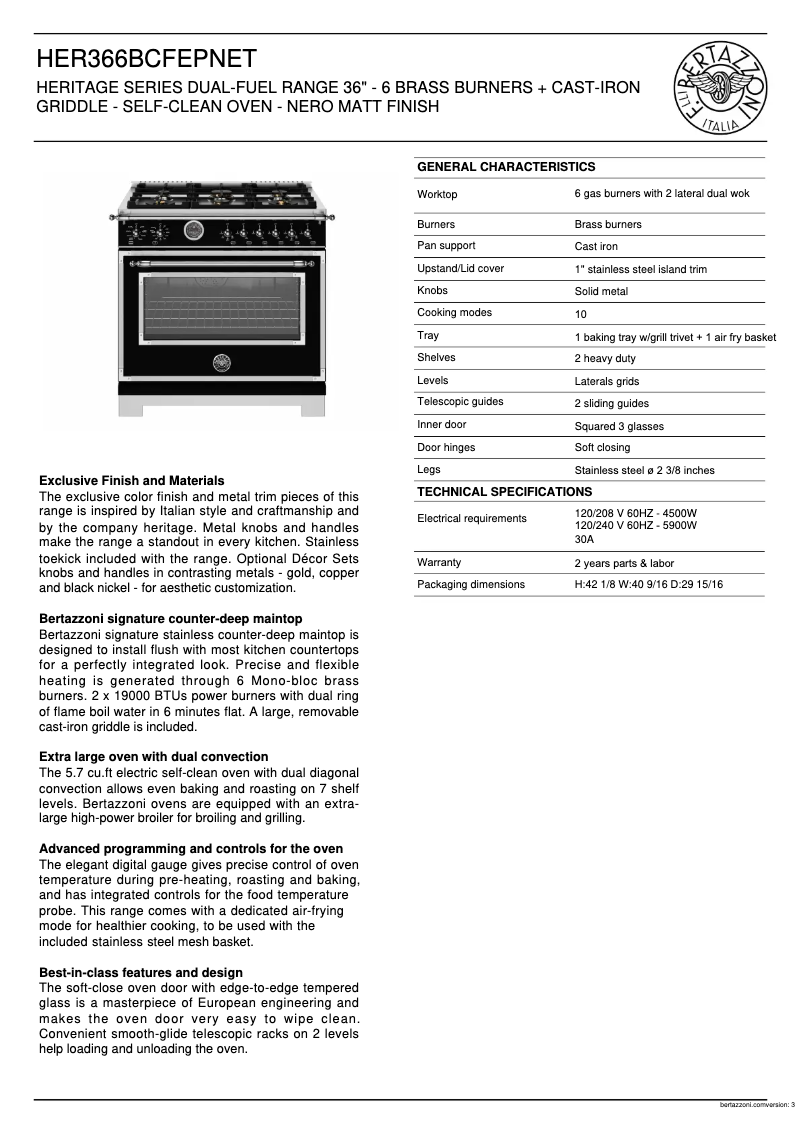 Page n°1 - Fiche technique Bertazzoni HER366BCFEPNET