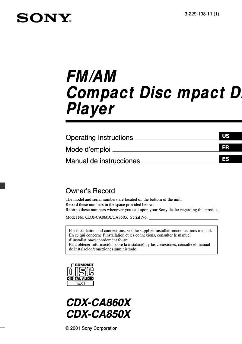 Page 1 de la notice Manuel utilisateur Sony CDX-CA860