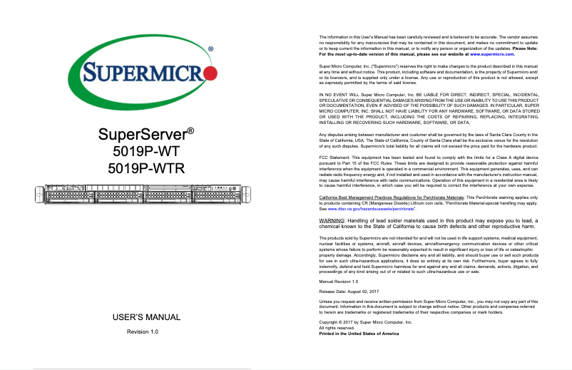 Page 1 de la notice Manuel utilisateur Supermicro SuperServer 5019P-WT