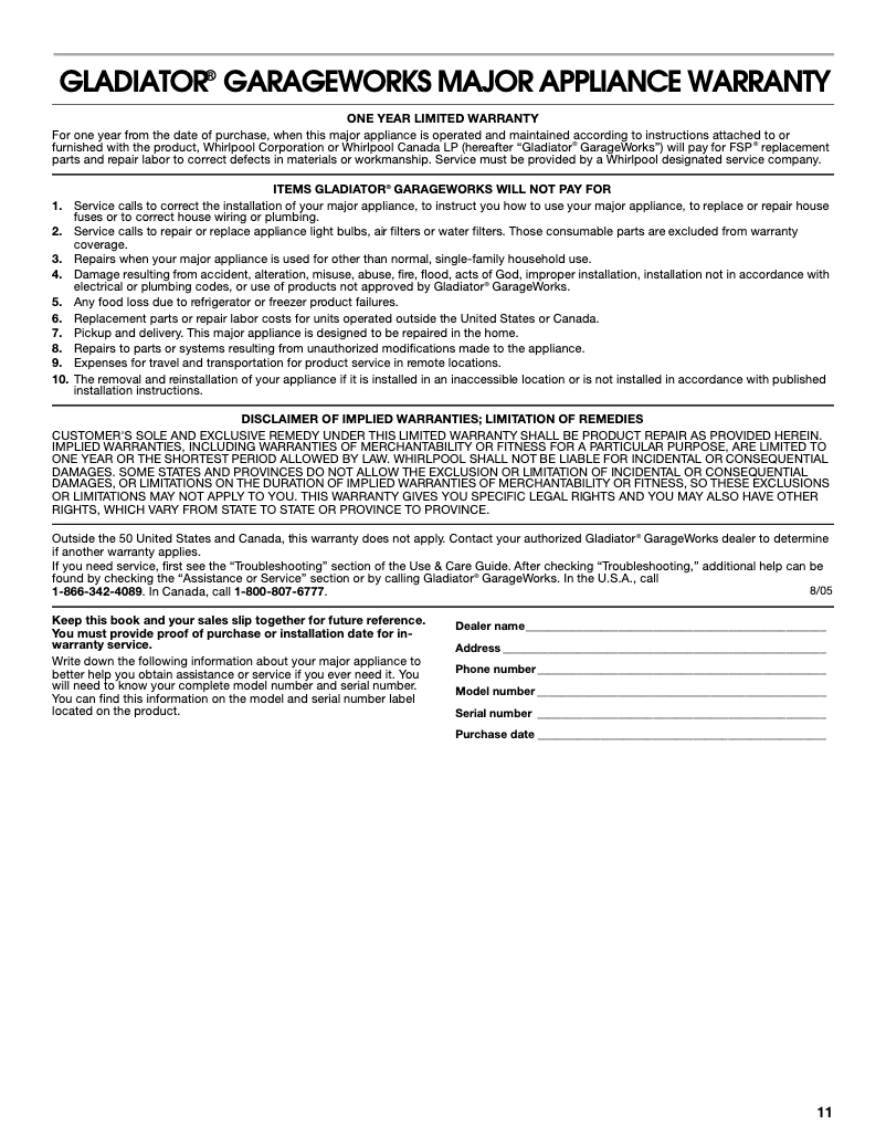 Page n°1 - Informations de garantie Gladiator GACP15XXMG
